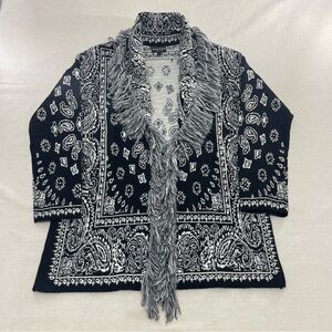 Immagini Fringe Knit Cardigan Womens L Black & White Paisley italy Wool Alpaca
